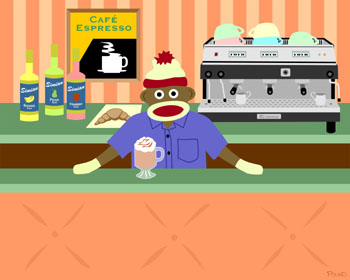 Sock Monkey Coffee Shop Barista Pop Art Print
